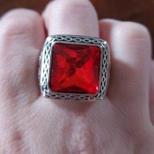 Sparkling CZ Red Ruby Stone Statement Ring Sz 10