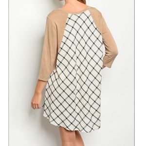 Taupe Sleeve Off White Black Checkered Tunic Dress