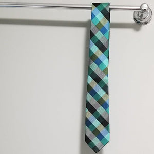 Men's Teal Blue Green Gray Plaid Tie - Sparkle by Melanie Boutique
