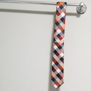 Men's Sunset Orange Red Navy Gray White Plaid Tie - Sparkle by Melanie Boutique