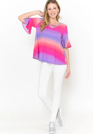 Sunset Stripe Ombre Top Strappy Detail Bell Sleeve