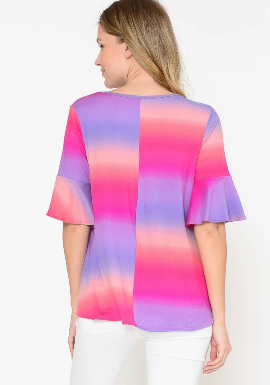 Sunset Stripe Ombre Top Strappy Detail Bell Sleeve