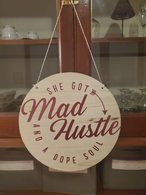 Handmade 12 inch round glitter sign "Mad Hustle"