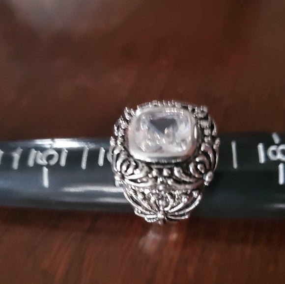 Vintage Chunky Etched Silver CZ Ring Sz 6.75