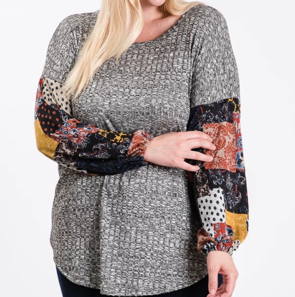 Plus Size Grey Sweater with Patchwork Sleeves