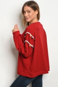Red Embellished Pom Pom Sleeve Sweater