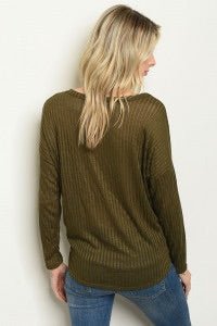 Olive Ribbed Tie Front Long Sleeved Shirt