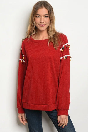 Red Embellished Pom Pom Sleeve Sweater