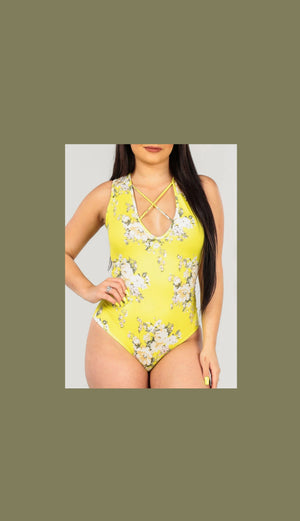 Yellow Floral Criss Cross Strapless Bodysuit
